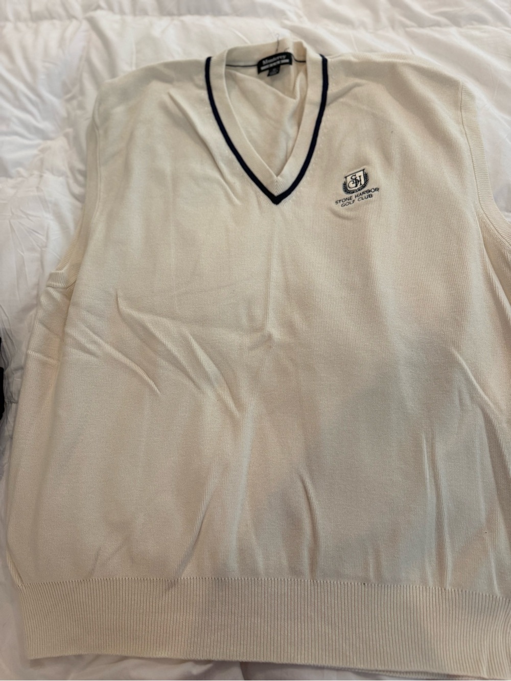 Men's V-Neck Sweater Vest - Cream with Navy Trim